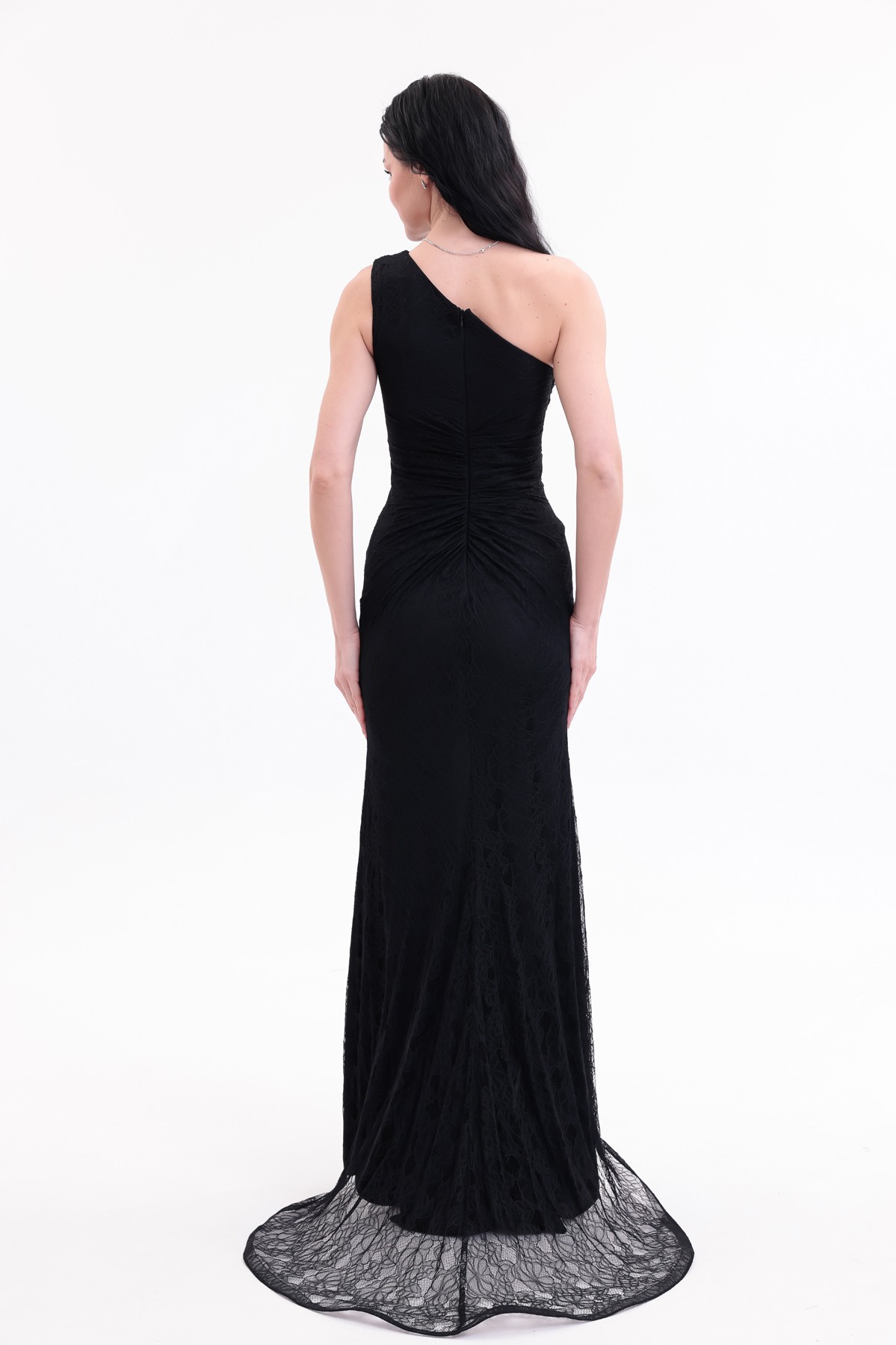 BDM Exclusive Dantel Drape Detaylı Tek Omuz Yırtmaçlı Premium Abiye Elbise