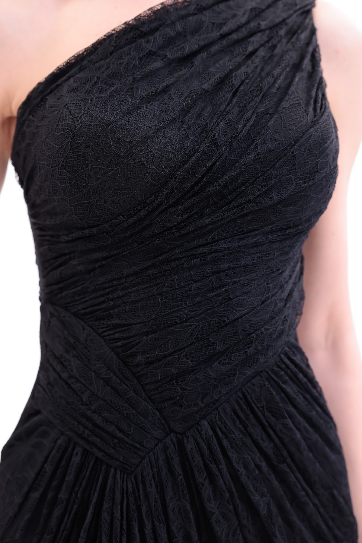 BDM Exclusive Dantel Drape Detaylı Tek Omuz Yırtmaçlı Premium Abiye Elbise