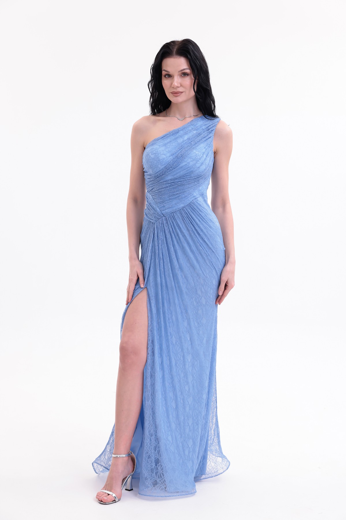 BDM Exclusive Dantel Drape Detaylı Tek Omuz Yırtmaçlı Premium Abiye Elbise