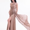 BDM Exclusive Parlak Şifon Drape Detaylı Tek Omuz Yırtmaçlı Premium Abiye Elbise