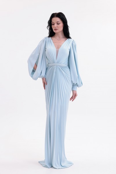 BDM Exclusive Şifon Balon Kollu Drape Detaylı Premium Abiye Elbise BDM Exclusive Şifon Balon Kollu Drape Detaylı Premium Abiye Elbise