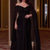 BDM Exclusive Omuz Dekolteli Uzun Transparan Pelerin Kollu, Taşlı Nakış İşlemeli, Zarif ve Şık Gece Abiye Elbise 