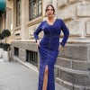 BDM Exclusive Abiye Elbise Taşlı Uzun Kollu V Yaka Yırtmaçlı Gece Davet Elbisesi Şık ve Zarif Tasarım