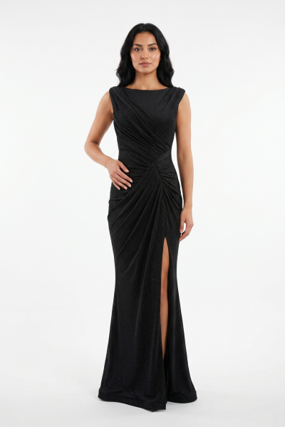 BDM Exclusive Işıltılı Drape Detaylı Kayık Yaka Uzun Yırtmaçlı Premium Abiye Elbise