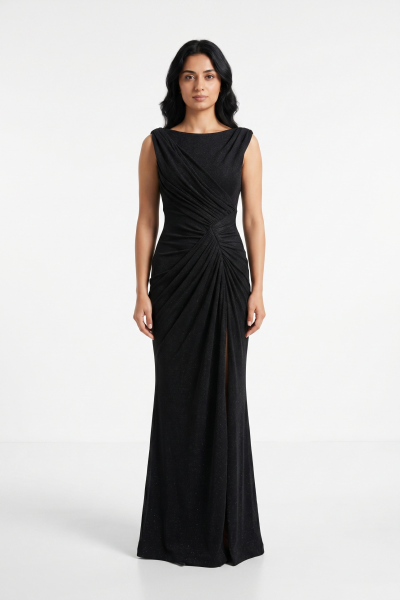 BDM Exclusive Işıltılı Drape Detaylı Kayık Yaka Uzun Yırtmaçlı Premium Abiye Elbise