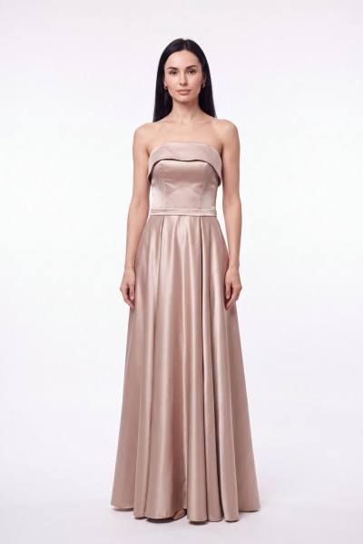BDM Exclusive Premium Saten Drape Detaylı Straplez Uzun Abiye Elbise