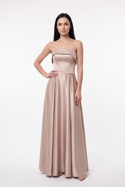 BDM Exclusive Premium Saten Drape Detaylı Straplez Uzun Abiye Elbise