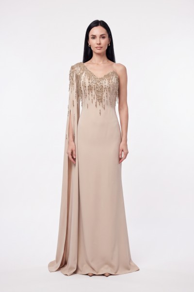 BDM Exclusive Couture Tek Omuz Taş Detaylı Uzun Abiye Elbise